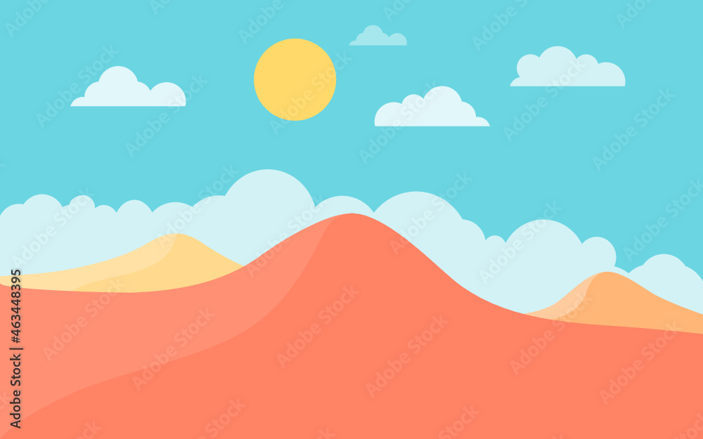Flat summer landscape mountains on blue background. Colorful scenery. Vector background. Beautiful sunset. Sunset light. Blue sky background.
