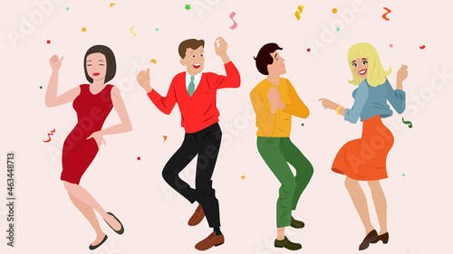 Happy business people celebrate. Cute dancing people. retro flat style. Success. Team, partners. Vector illustration for banner, flier or card design.