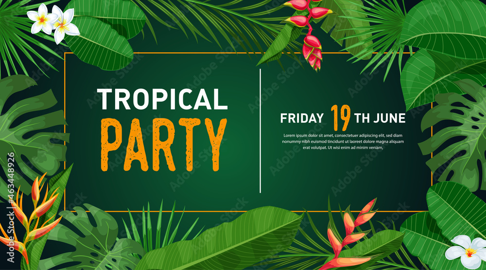Tropical banner design template. Dark green theme with orange thin frame. Palm, monstera leaves, tropical exotic flowers. Best for invitations, flyers, party posters. Vector illustration. - obrazy, fototapety, plakaty 