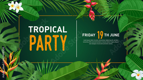 Tropical banner design template. Dark green theme with orange thin frame. Palm, monstera leaves, tropical exotic flowers. Best for invitations, flyers, party posters. Vector illustration.