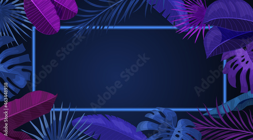 Tropical banner design template. Dark neon theme with thin glowing frame. Palm, monstera leaves. Best for invitations, flyers, party posters. Vector illustration.