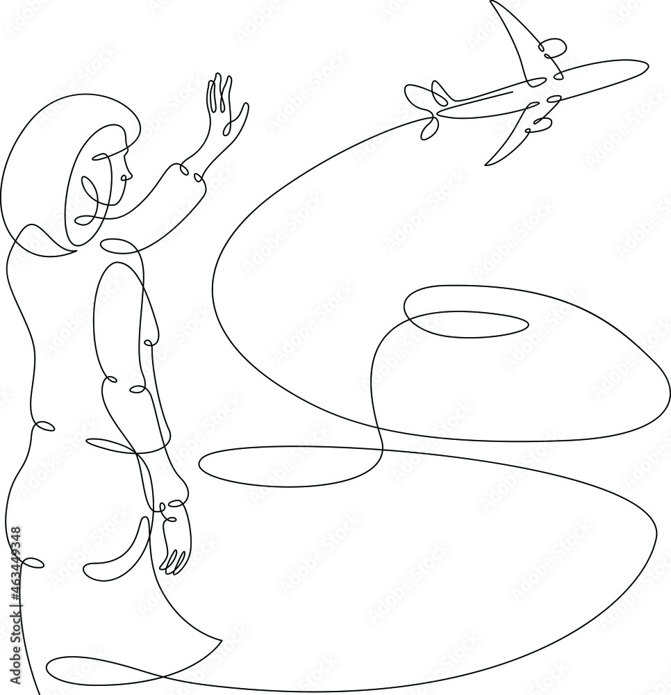 One continuous line.A man sees off an airplane taking off. Seeing off at the airport. One continuous drawing line logo isolated minimal illustration.