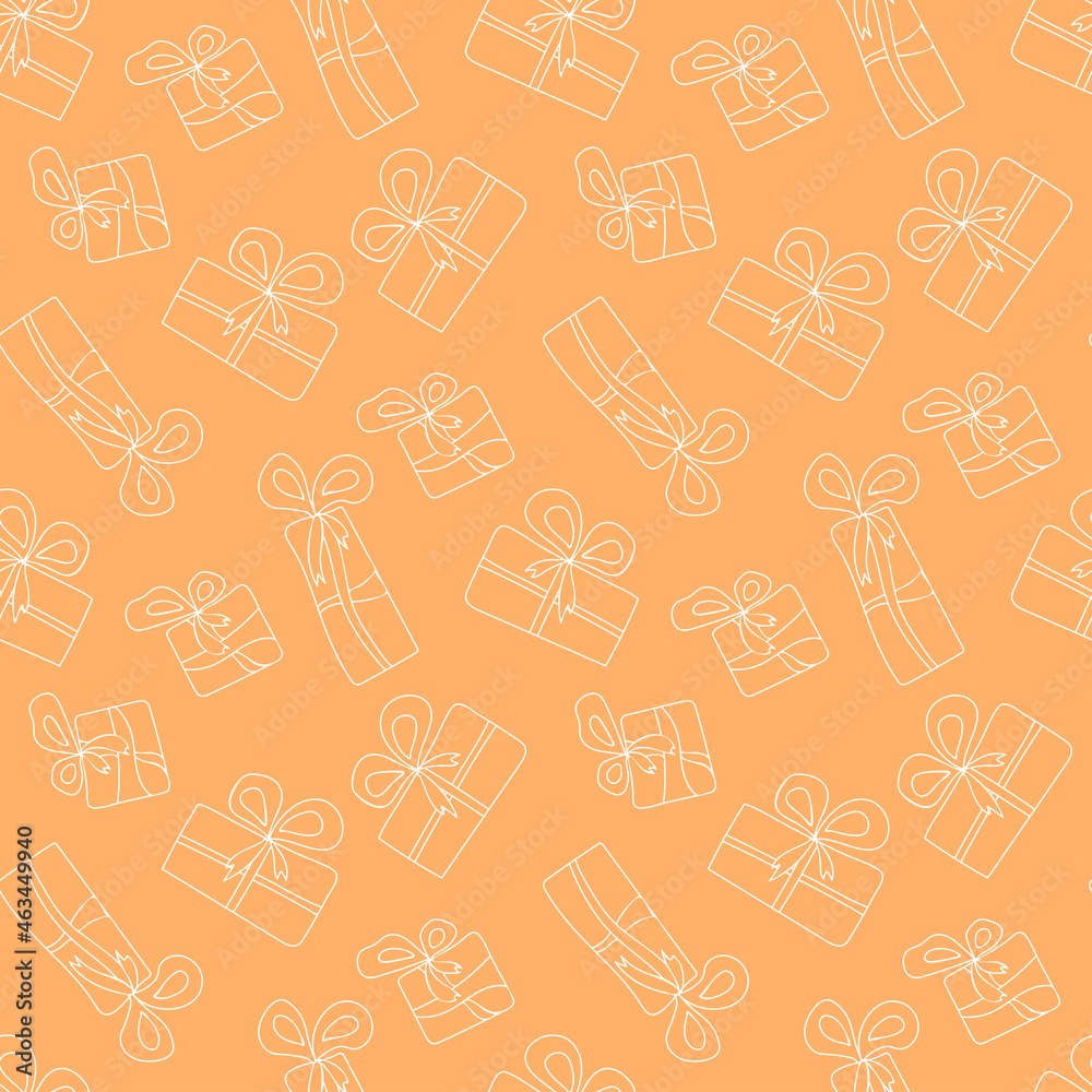 Hand-Drawn Gifts. Seamless vector pattern in doodle style. Illustration for fabric, packaging, paper. Pastel peach color. Hand-Drawn Gifts. Seamless vector pattern in doodle style. Illustration for fabric, packaging, paper. Pastel peach color.