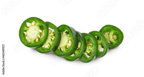 Sliced of jalapeno peppers isolated on white background. Top view