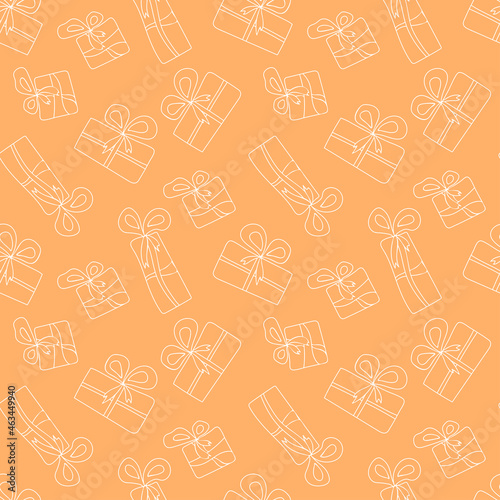 Hand-Drawn Gifts. Seamless vector pattern in doodle style. Illustration for fabric, packaging, paper. Pastel peach color.