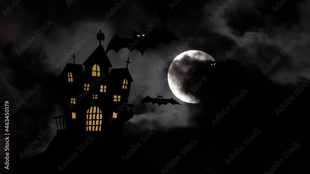 Frightening castle silhouette and bats on full moon in dark clouds background. Dark gloomy house with bats on halloween full moon on black sky