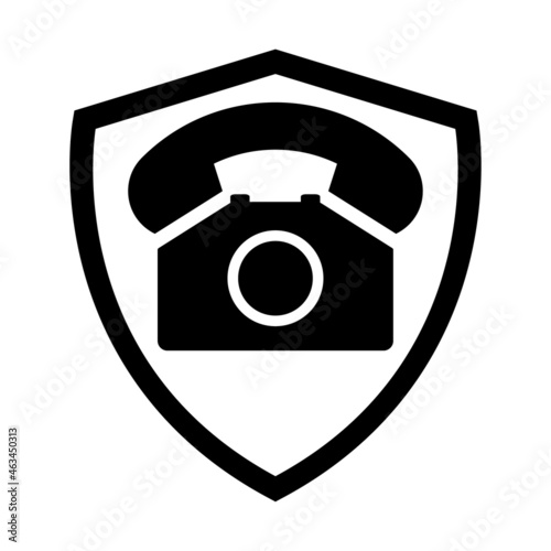 Old phone in black shield flat icon isolated on white background. Hotline symbol. Telephone vector illustration. Phone contact