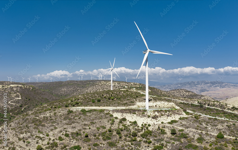 Wind turbines on top of the hills. Oreites wind farm in Paphos district, Cyprus