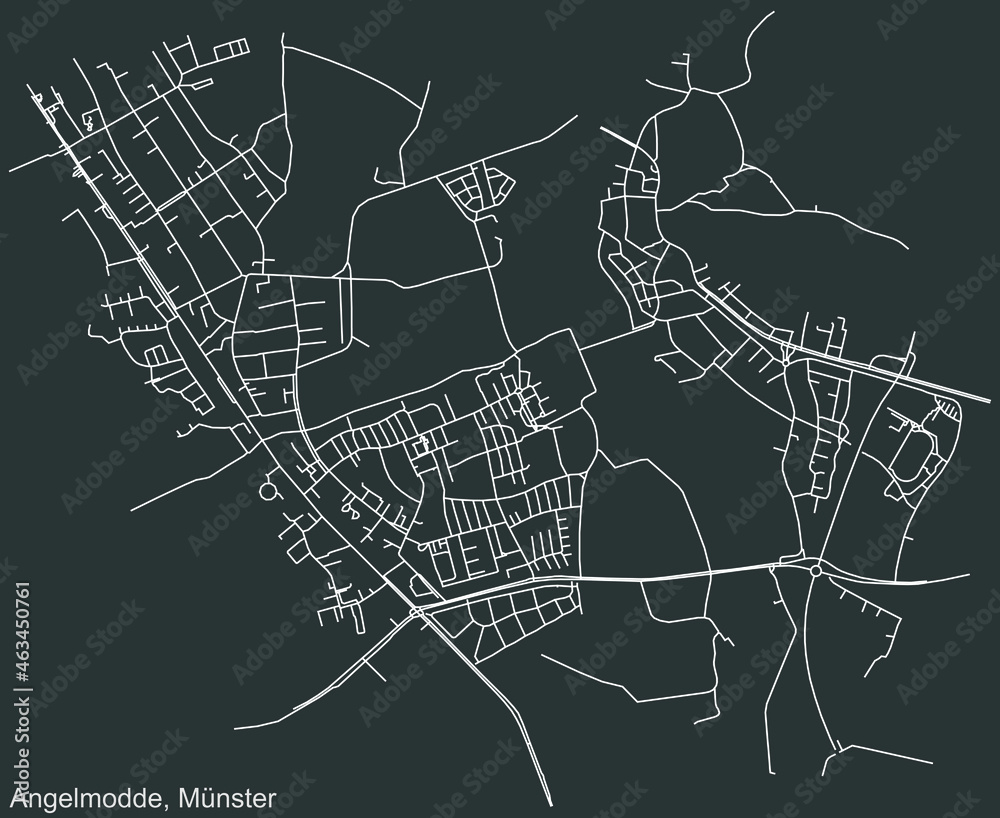 Detailed negative navigation urban street roads map on dark gray background of the quarter Angelmodde district of the German capital city of Münster-Muenster, Germany