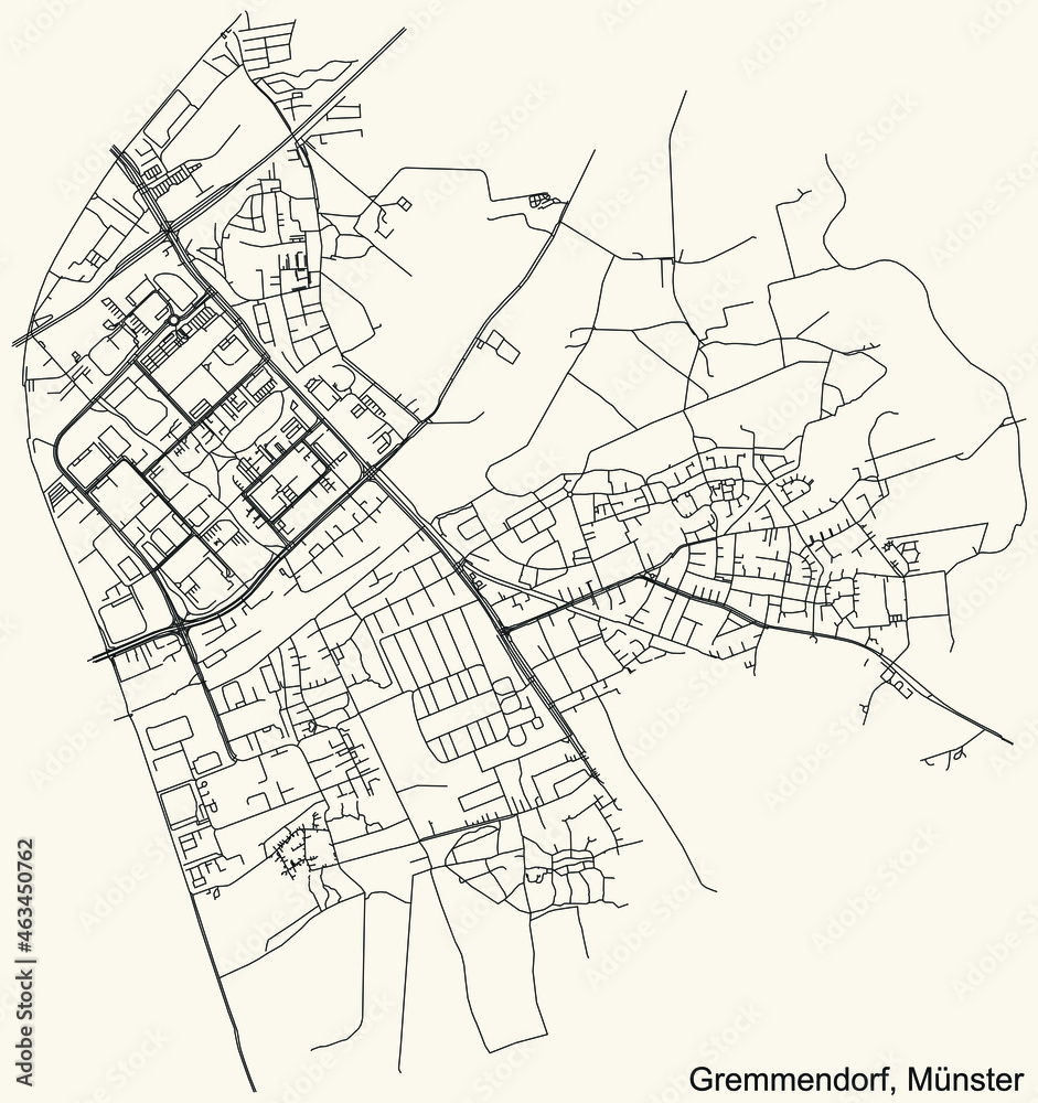 Detailed navigation urban street roads map on vintage beige background of the quarter Gremmendorf district of the German capital city of Münster-Muenster, Germany