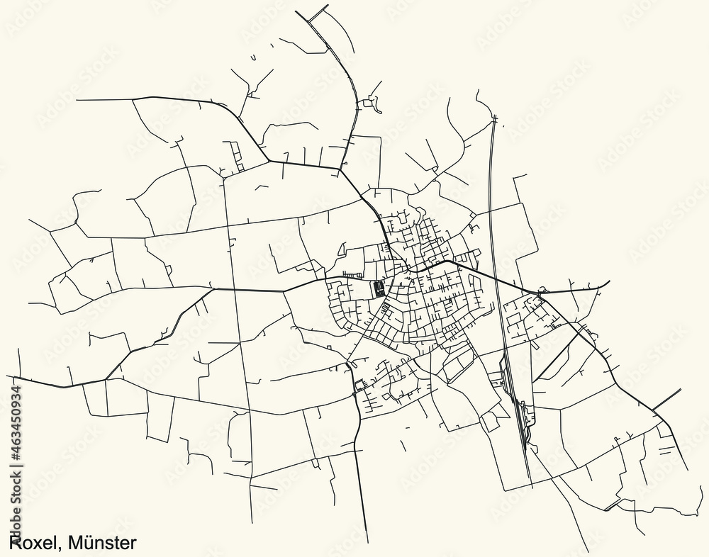 Detailed navigation urban street roads map on vintage beige background of the quarter Roxel district of the German capital city of Münster-Muenster, Germany