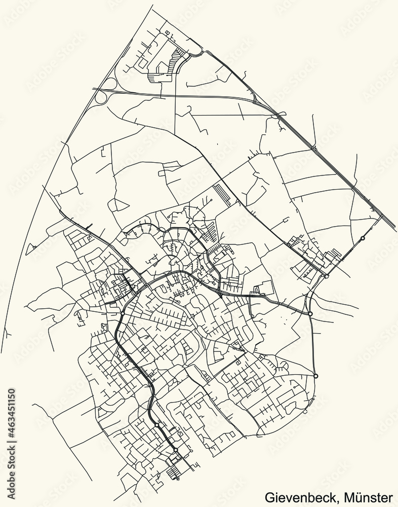 Detailed navigation urban street roads map on vintage beige background of the quarter Gievenbeck district of the German capital city of Münster-Muenster, Germany