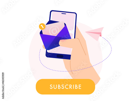 Newsletter subscription banner. Vector illustration for online marketing and business. Open envelope with letter coming out of smartphone screen. Smartphone in a hand. Template for mailing