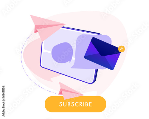 Newsletter subscription banner. Vector illustration for online marketing and business. Open envelope with letter coming from tablet screen and flying paper planes. Template for mailing and newsletter.