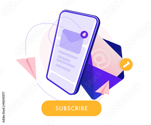Newsletter subscription banner. Vector illustration for online marketing and business.Open envelope with letter coming behind smartphone screen and flying paper planes. Mailing or newsletter template