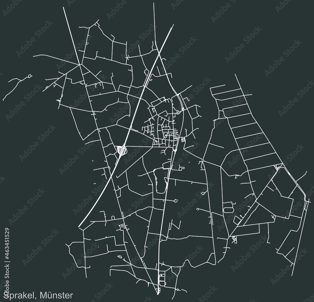 Detailed negative navigation urban street roads map on dark gray background of the quarter Sprakel district of the German capital city of Münster-Muenster, Germany