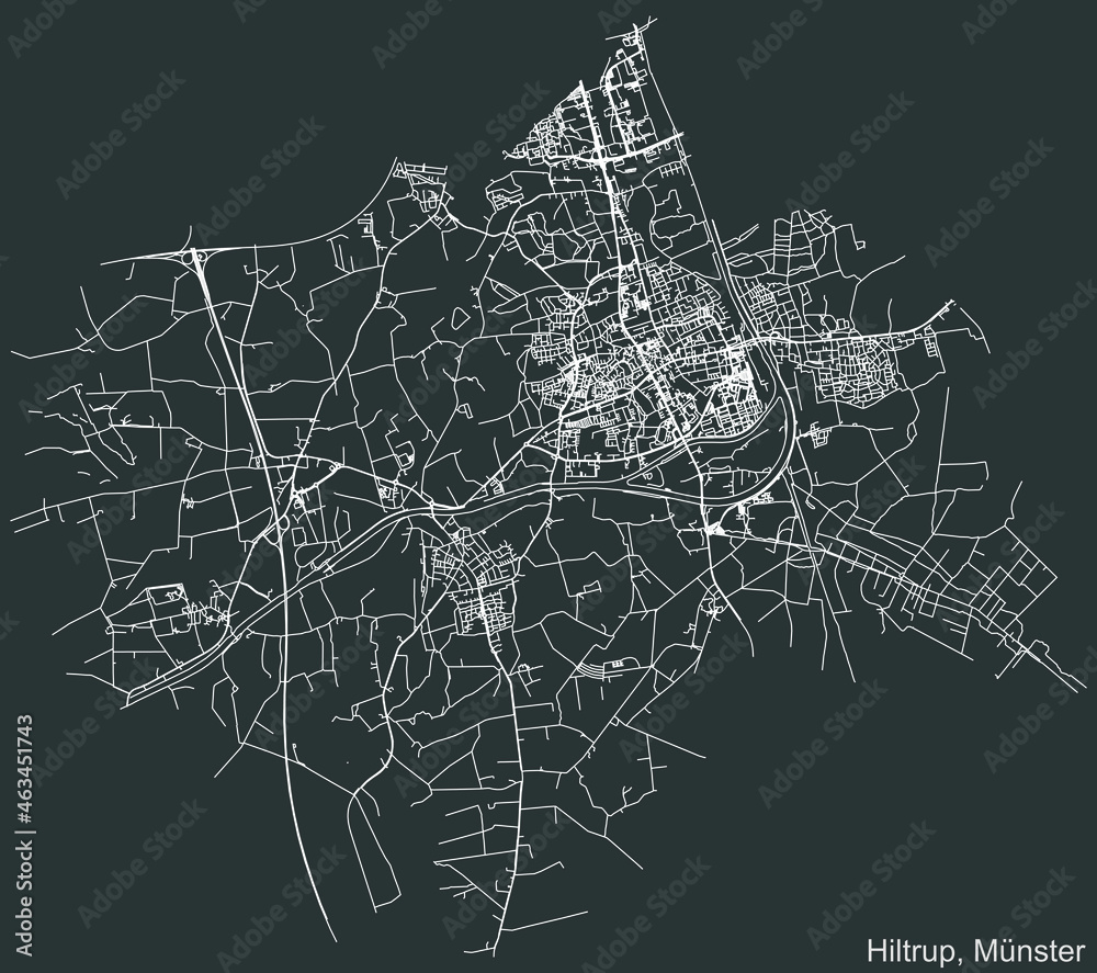 Detailed negative navigation urban street roads map on dark gray background of the quarter Hiltrup district of the German regional capital city of Münster-Muenster, Germany