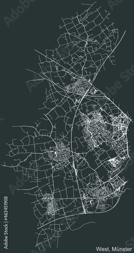 Detailed negative navigation urban street roads map on dark gray background of the quarter West district of the German regional capital city of M  nster-Muenster  Germany