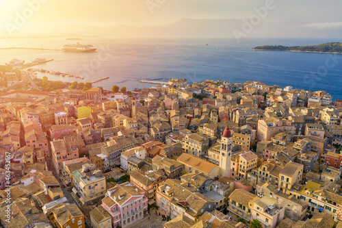 Aerial drone view of Kerkyra city center and port during sunset. Corfu island, Greece.