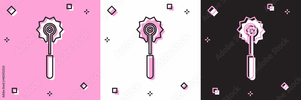 Set Pizza knife icon isolated on pink and white, black background. Pizza cutter sign. Steel kitchenware equipment. Vector Illustration Set Pizza knife icon isolated on pink and white, black background. Pizza cutter sign. Steel kitchenware equipment. Vector Illustration
