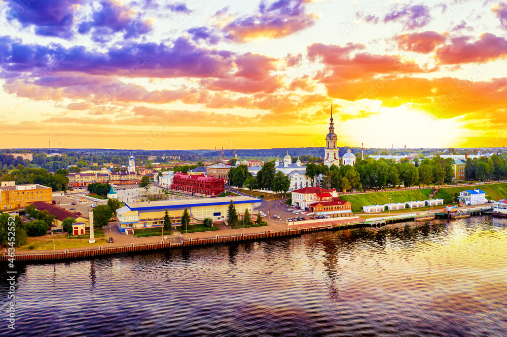 Aerial drone view of Kineshma ancient city with Volga river in Ivanovo region, Russia. Summer sunny day sunset