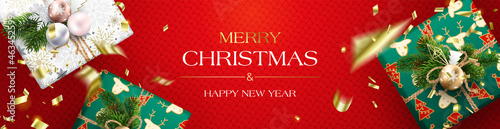Christmas red horizontal web banner with gift boxes