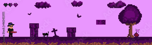 Halloween pixel game. Retro art games. 8-16 bit pixel platformer game resource. Vector illustration