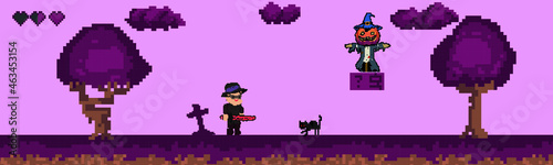 Halloween pixel game. Retro art games. 8-16 bit pixel platformer game resource. Vector illustration