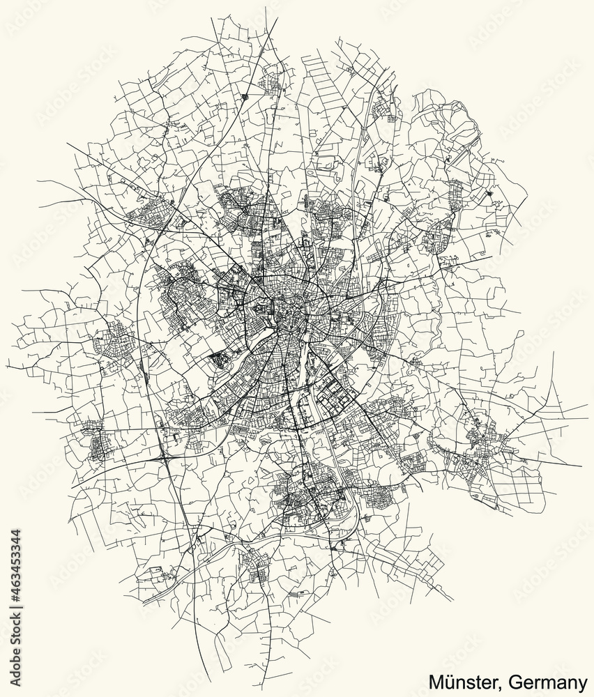 Detailed navigation urban street roads map on vintage beige background of the German regional capital city of Münster-Muenster, Germany