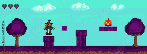Halloween pixel game. Retro art games. 8-16 bit pixel platformer game resource. Vector illustration