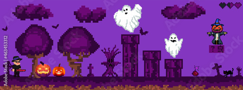 Halloween pixel game. Retro art games. 8-16 bit pixel platformer game resource. Vector illustration