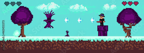 Halloween pixel game. Retro art games. 8-16 bit pixel platformer game resource. Vector illustration