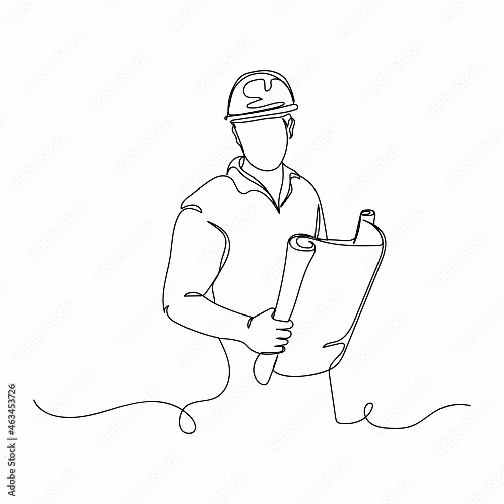 Vector illustration continuous one single line drawing of man showing building in silhouette on a white background. Linear stylized.