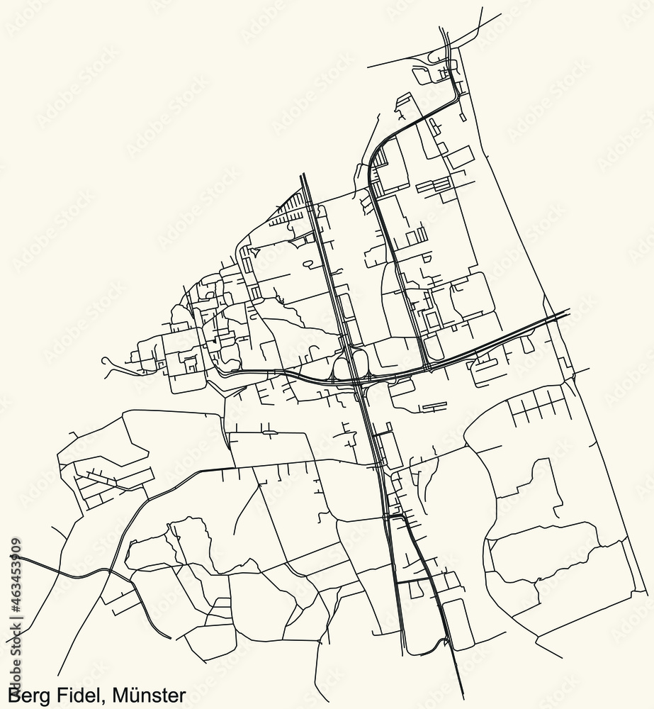 Fototapeta premium Detailed navigation urban street roads map on vintage beige background of the quarter Berg Fidel district of the German capital city of Münster-Muenster, Germany