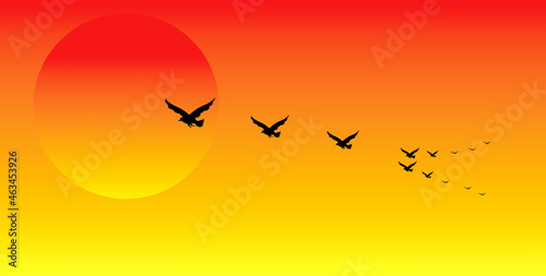 The birds are flying gracefully.on a beautiful sunset background.product advertisement , logo.