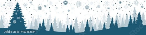 christmas firs with falling flakes and snow landscape