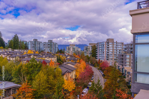Tree-lined street at Univercity Highlands, Burnaby, BC, showing off Fall colors, with backdrop of clouds over North Shore mountains.