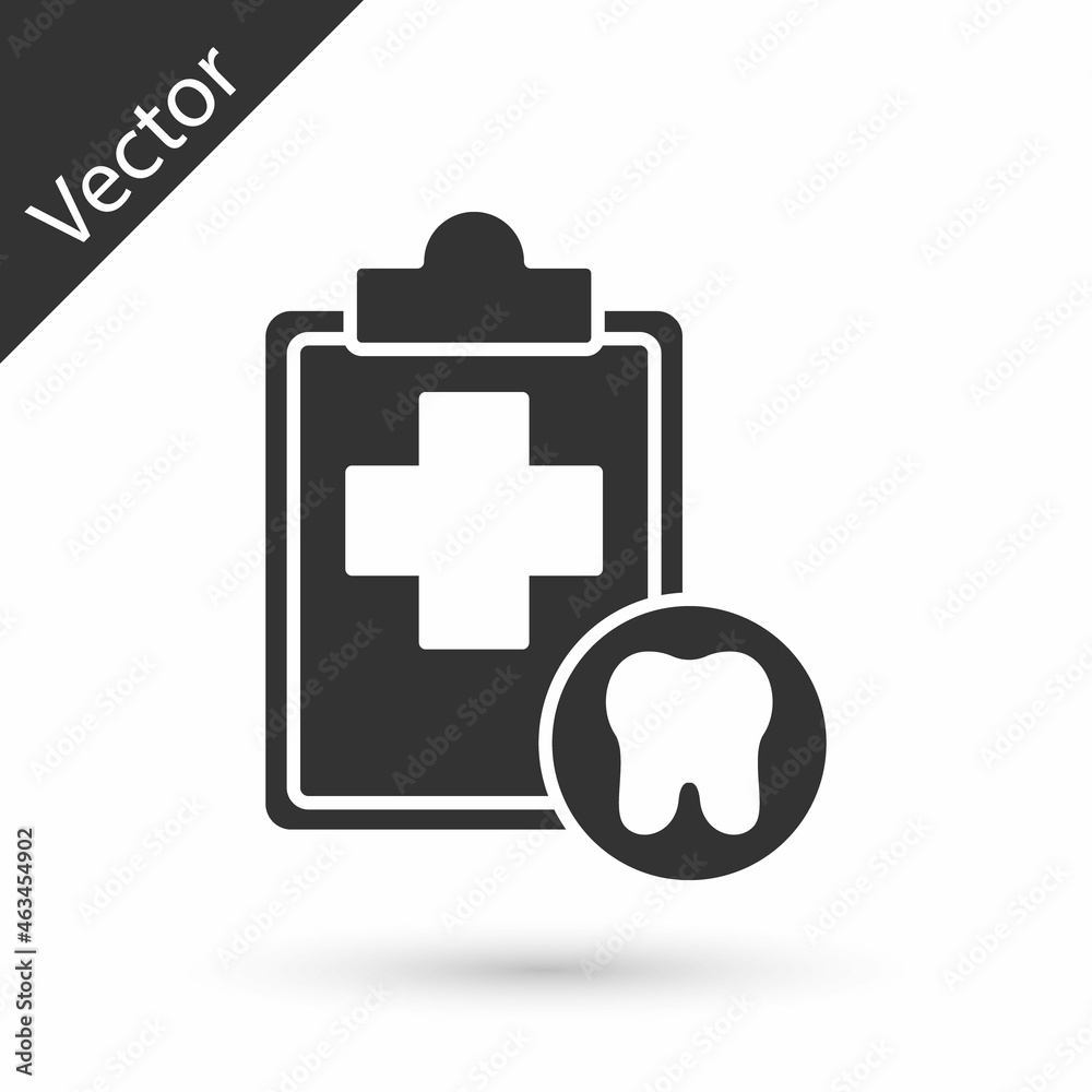 Obraz premium Grey Clipboard with dental card or patient medical records icon isolated on white background. Dental insurance. Dental clinic report. Vector