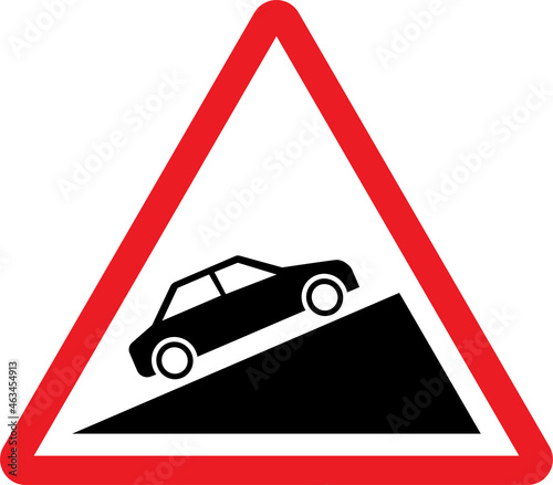 Steep uphill slope moving car warning sign on mountain road. Red triangle background.