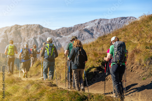 Group of hikers of different ages and gender with trekking poles and backpack hiking on a trail through green meadows in the Italian Alps. Sassopiatto - Col Rodella. South Tyrol, Italy
