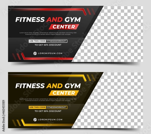 Fitness and gym horizontal banner template design collection. Editable modern banner with red and yellow color and place for the photo. Usable for banner, cover, header, and background.