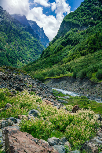 A river flowing out of a glacier in a mountain gorge. Mountain river in the Caucasus. Picturesque summer mountain landscape.
