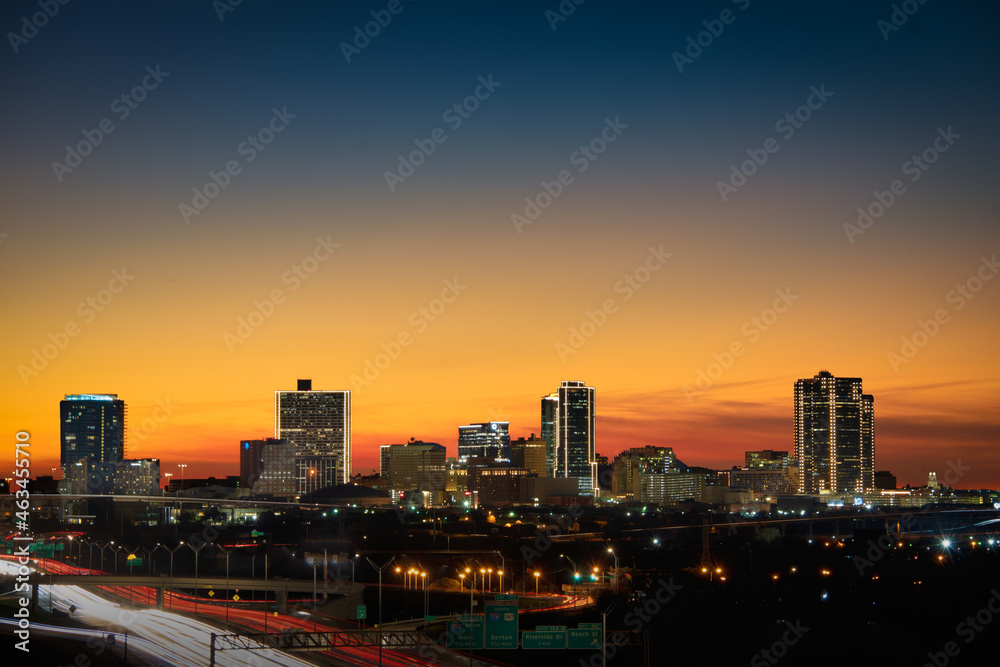 downtown city skyline at dusk / Golden Hour