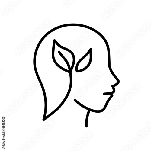 Concept of eco mind icon. Flat human head with green plant pictogram for web. Line stroke. Simple grow symbol isolated on white background. Outline ecology protect icon vector eps10