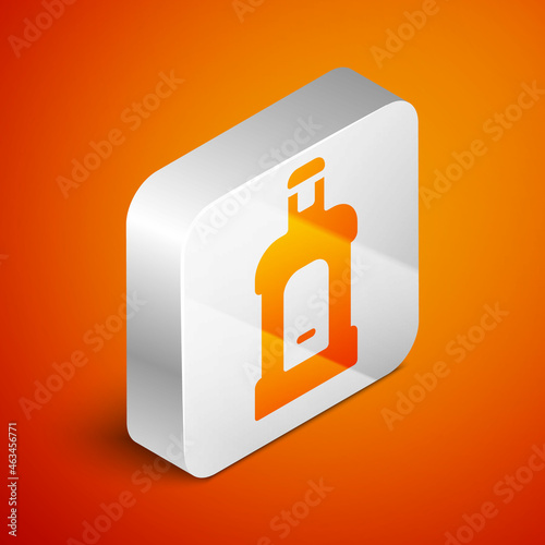 Isometric Orujo icon isolated on orange background. Silver square button. Vector