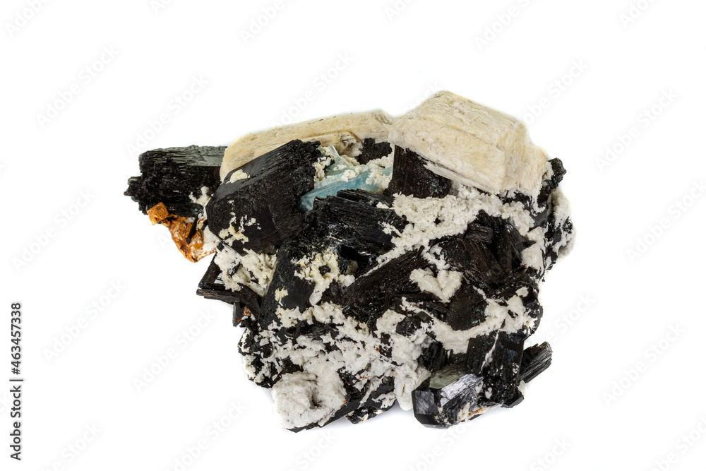 Macro mineral stone Feldspar and Aquamarine and Tourmaline on a white background