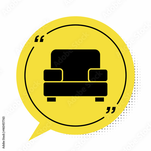 Black Armchair icon isolated on white background. Yellow speech bubble symbol. Vector