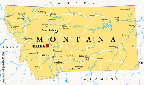 Montana, MT, political map with the capital Helena. State in the Mountain West subregion of the Western United States of America, nicknamed Big Sky Country and The Treasure State. Illustration. Vector photo