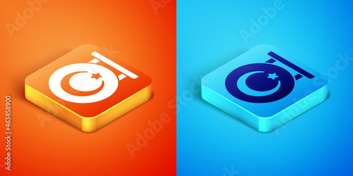 Isometric Star and crescent - symbol of Islam icon isolated on orange and blue background. Religion symbol. Vector