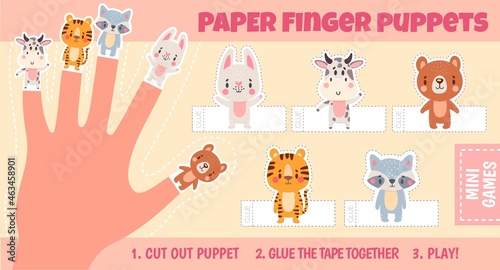 Paper animal finger puppets worksheets for kids hand. Handmade theatre activity. Children cut craft page with cartoon dolls vector template photo